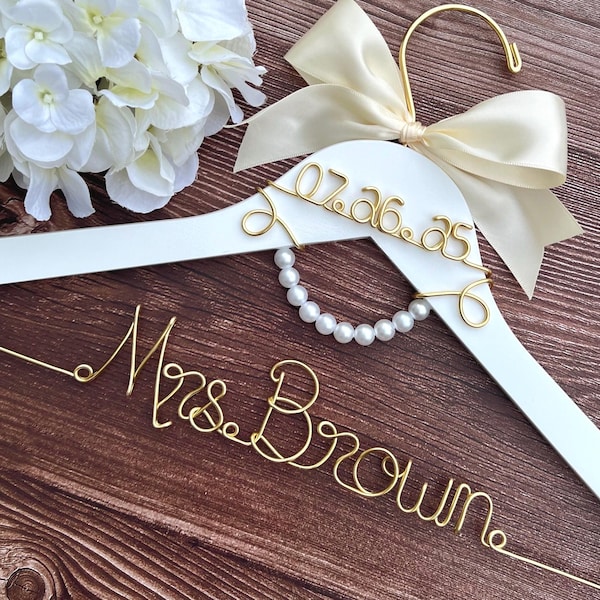 Personalized Wedding Dress Hanger: Pearls, Custom Name & Date