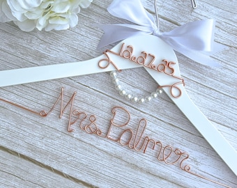 Personalized Wedding Dress Hanger. Pearls, Custom Name & Date