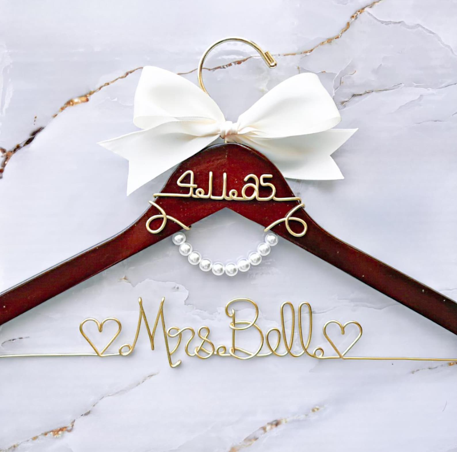 Personalized Wedding Dress Hanger: Customizations: Natural-Silver Hook; Silver Wire Color - Mrs Ramstack; 09.19.26; White Bow