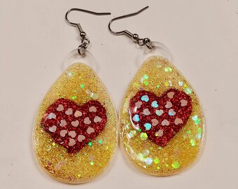Glitter Easter Egg Earrings | Yellow Oval Teardrop Earrings with Red heart | Hypoallergenic