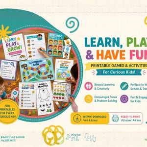 Könnte beinhalten: Eine Sammlung von ausdruckbaren Aktivitätsblättern für Kinder mit Spielen wie Schnitzeljagden, Abenteuerpfaden und Zeichenaufgaben. Das Set enthält farbenfrohe Illustrationen, lehrreiche Wortlisten und Vorlagen zum Basteln von Monstern.