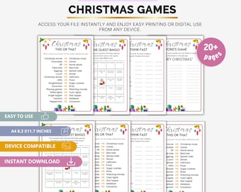 Op de afbeelding: Een werkboek getiteld "Kerstspellen" met meerdere pagina's met afdrukbare spellen. De pagina's bevatten "Dit of Dat", "De Gast Bingo" en "Denk Snel" spellen. Het werkboek is apparaatcompatibel en direct te downloaden.