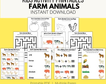 May include: Printable PDF download of farm animal activity pages for kids. The pages include coloring, mazes, matching, and counting activities.  The pages feature illustrations of farm animals like pigs, horses, cows, chickens, and sheep.