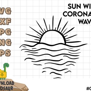 Op de afbeelding: Zwart-witte lijntekening van een zon met stralen en golven. De tekst "SUN WITH CORONA & WAVES" staat boven de afbeelding.