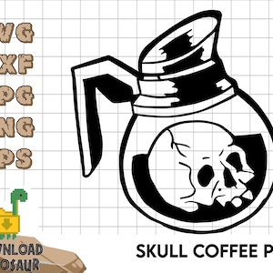 May include: Black and white illustration of a coffee pot shaped like a skull. The skull has a large eye socket and a prominent jawbone. The text "SKULL COFFEE POT" is below the image.