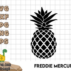 May include: Black and white silhouette of a pineapple with the text "FREDDIE MERCURY" below it. The image is on a white grid background.