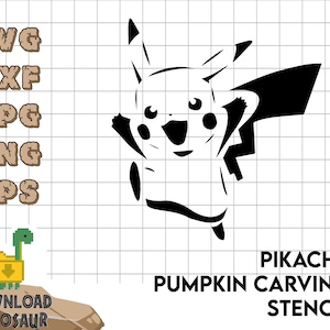 May include: Black and white silhouette of Pikachu, a popular cartoon character, wearing a cape. The image is labelled "Pikachu Pumpkin Carving Stencil".
