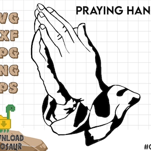 Può includere: Illustrazione in bianco e nero di due mani giunte in preghiera. L'immagine è intitolata "Praying Hands".