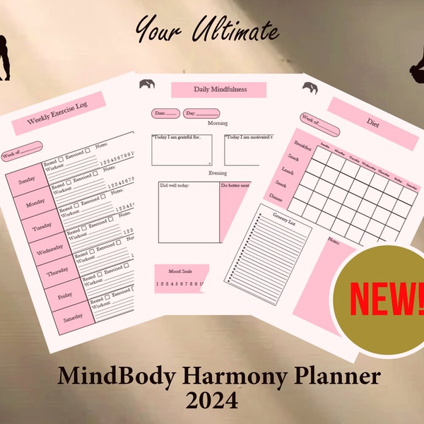 2024 Planner Printable/Digital, Holistic MindBody| Fitness & Mental Health Journal | Printable Planner Pages | Meditation, Workout, iPad