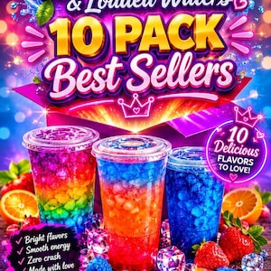 以下が含まれることがあります： 「Loaded Teas & Loaded Waters 10 PACK Best Sellers」のテキストが入った、透明なカップに入ったカラフルな層状の飲み物の画像。明るい風味、スムーズなエネルギー、ゼロクラッシュを示すテキストとともに、果物と氷のキューブが含まれています。ブランド:「Queen B Designs」.