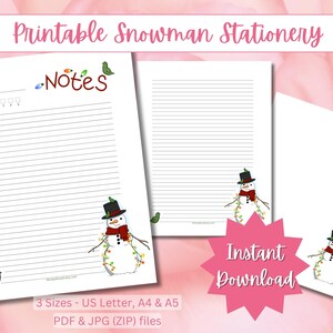 Papel de notas con y sin renglones de muñeco de nieve para imprimir, papelería festiva con bombillas navideñas en 3 tamaños, tamaño carta de EE. UU., A5 y A4, cuaderno