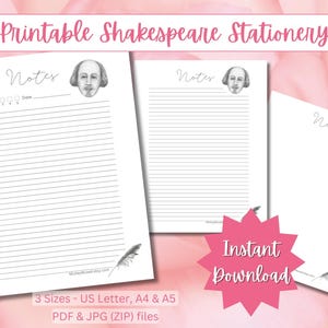 Papel para notas de Shakespeare para imprimir, bonito material de papelería para amantes de los libros, tamaño carta de EE. UU., páginas para cuaderno A4 y A5