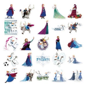May include: A collection of twenty-five individual stickers featuring characters from the movie Frozen, including Anna, Elsa, Olaf, Kristoff, and Sven. The stickers display various poses, scenes, and the text How Cool Can You Get and Disney Frozen.