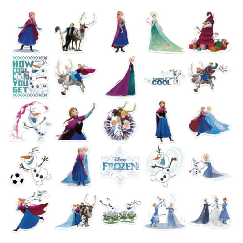 May include: A collection of twenty-five individual stickers featuring characters from the movie Frozen, including Anna, Elsa, Olaf, Kristoff, and Sven. The stickers display various poses, scenes, and the text How Cool Can You Get and Disney Frozen.
