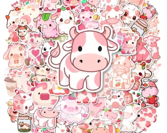 50 PCS Strawberry Cow Stickers | Waterproof PVC Reusable Cartoon Animal & Food Decals
