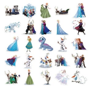 May include: A collection of twenty-five Disney Frozen stickers featuring various characters including Elsa, Anna, Olaf, Kristoff, and Sven. The stickers display the characters in different poses, outfits, and scenes from the movie, with some including the Frozen logo.