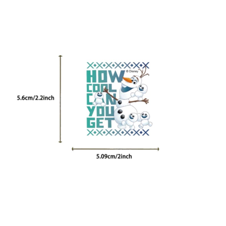 May include: A rectangular graphic sticker featuring Olaf and several Snowgies with the text HOW COOL CAN YOU GET. The design includes blue cross patterns at the top and bottom. Dimensions are 2.2 inches by 2 inches as indicated by the measurement lines.