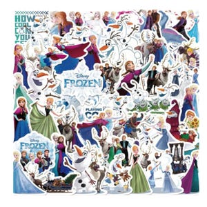 May include: A collection of Disney Frozen stickers featuring Anna, Elsa, Olaf, Kristoff, and Sven in various poses. The set includes multiple character illustrations, scenes from the movie, and the Frozen logo text, all arranged in a collage format.