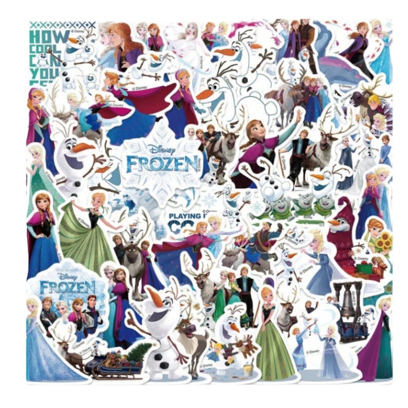 May include: A collection of Disney Frozen stickers featuring Anna, Elsa, Olaf, Kristoff, and Sven in various poses. The set includes multiple character illustrations, scenes from the movie, and the Frozen logo text, all arranged in a collage format.