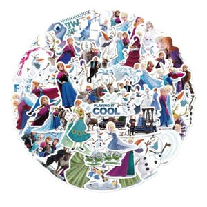 May include: A circular collection of assorted stickers featuring characters from the movie Frozen, including Anna, Elsa, Olaf, Kristoff, and Sven. The stickers display various scenes and poses, with the text PLAYING IT COOL printed in the center.