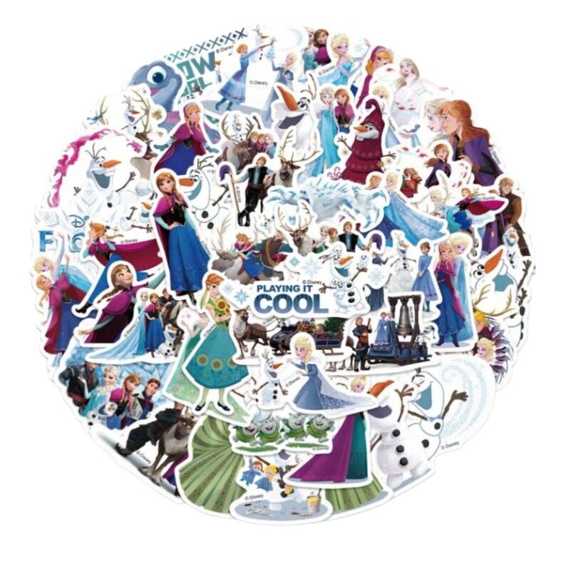 May include: A circular collection of assorted stickers featuring characters from the movie Frozen, including Anna, Elsa, Olaf, Kristoff, and Sven. The stickers display various scenes and poses, with the text PLAYING IT COOL printed in the center.