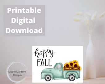 Afdrukbare wenskaart | Gelukkige herfstkaart | Vrachtwagen en zonnebloemen| Direct downloaden | Wenskaart