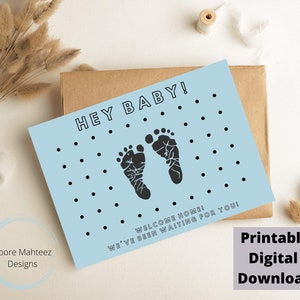 Printable Greeting Card | Hey Baby | Baby Shower Card| Print At Home| Congratulations| Blue Baby Card | Greeting Card| Last Minute Card|