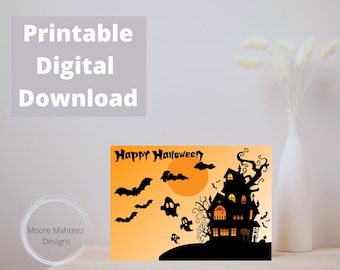 Printable Greeting Card | Happy Halloween Card | Bat card| Spooky House card  | Instant Download | Greeting Card