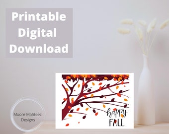 Printable Greeting Card | Happy Fall Card | Autumn Leaves and Tree | Instant Download | Greeting Card