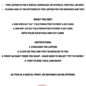 Op de afbeelding: Een afbeelding met een digitale download voor een afdrukbare wenskaart. De tekst, in het Engels, beschrijft bestandsformaten, instructies en een logo voor Moore Mahteez Designs. De titel "PRINTABLE GREETING CARD" is blauw.