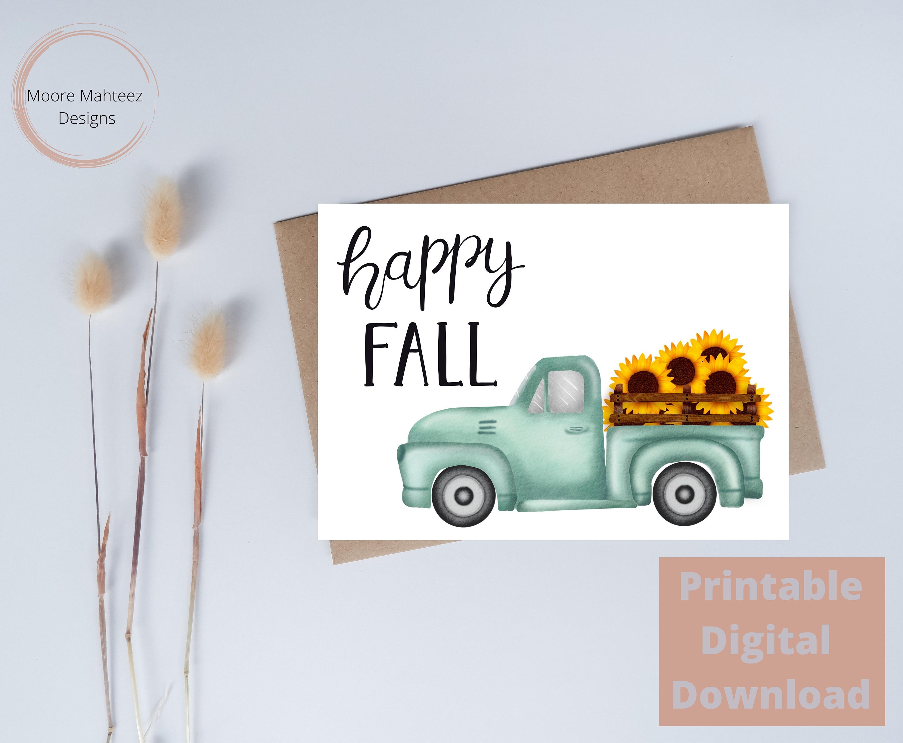 Printable Greeting Card Happy Fall Card Truck and Sunflowers Instant ...
