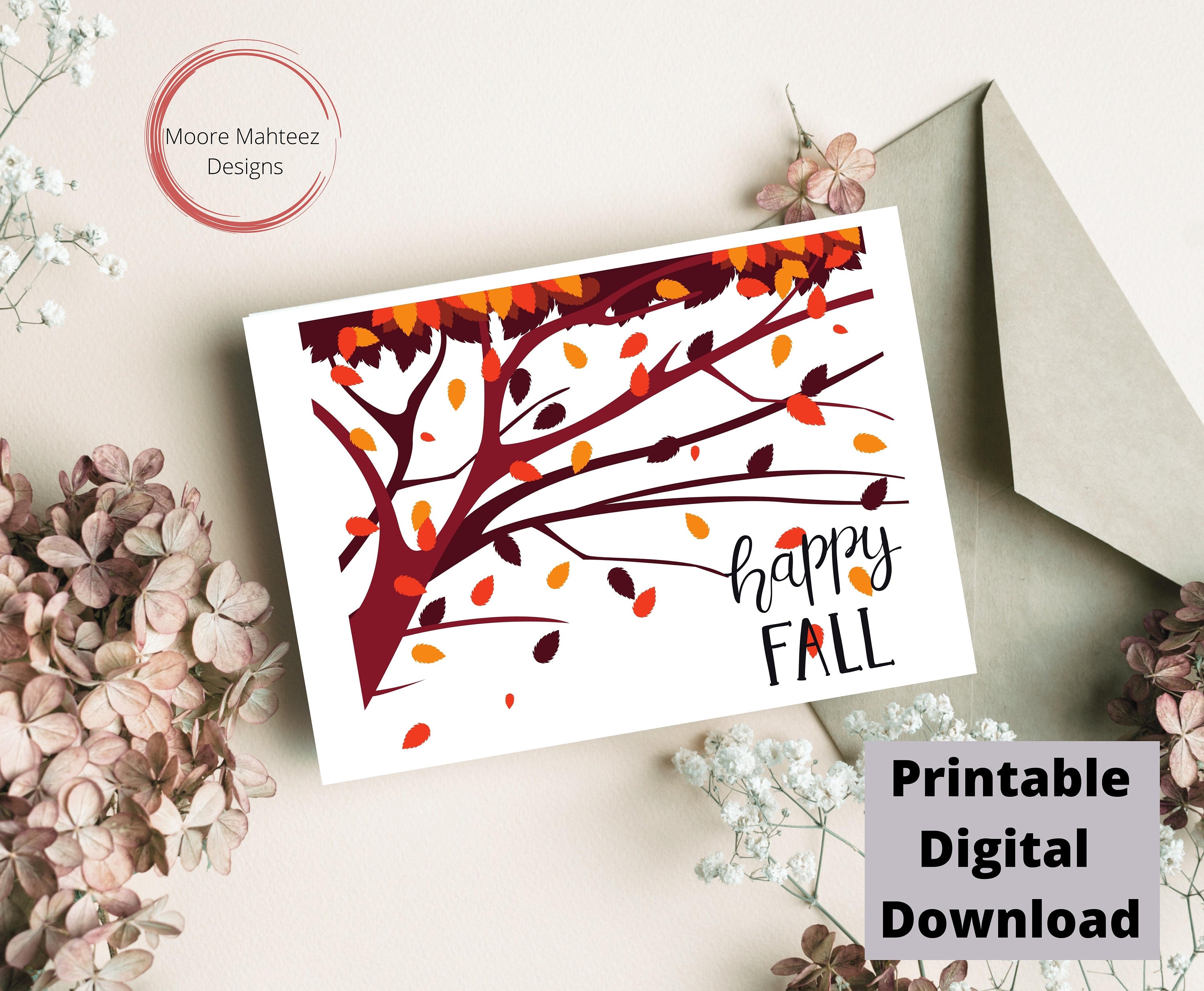 Printable Greeting Card | Happy Fall Card | Autumn Leaves and Tree ...