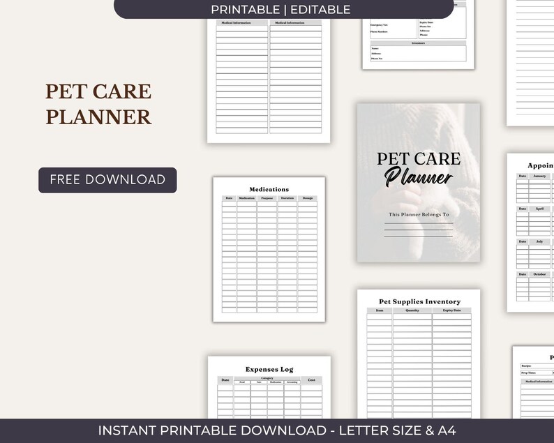 Pet Care Planner Printable, Dog Cat Health Tracker, Vet Appointment Log ...
