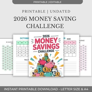 Può includere: Fogli stampabili della sfida di risparmio 2026. Il foglio principale presenta il testo "2026 Money Savings Challenge" con salvadanai e monete. Altri fogli includono un calendario e tracker di risparmio. Il testo "Printable | Editable" è in alto.