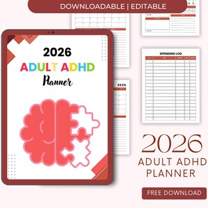 Può includere: Un planner digitale 2026 per adulti con ADHD. La copertina mostra "2026 ADULT ADHD Planner" con un cervello e un pezzo di puzzle. Include un registro delle spese e note mediche. Il planner è scaricabile e modificabile.