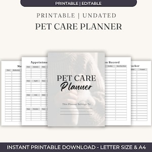 Può includere: Un pianificatore stampabile per la cura degli animali domestici con una combinazione di colori neutri e tenui. La copertina presenta il testo "PET CARE Planner" in un elegante script. Il pianificatore include sezioni per appuntamenti, farmaci e altri registri relativi agli animali domestici.