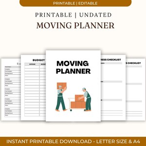 Könnte beinhalten: Ein druckbarer Umzugsplaner mit dem Text "MOVING PLANNER" in fetten schwarzen Buchstaben. Der Planer enthält Seiten für Budgetierung, Checklisten und Eventplanung. Das Bild enthält auch den Text "PRINTABLE | UNDATED" und "INSTANT PRINTABLE DOWNLOAD - LETTER SIZE & A4".