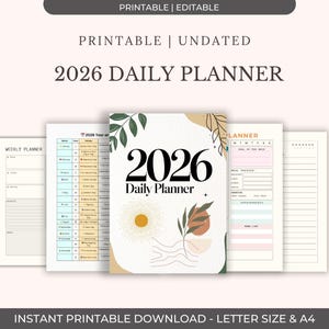 Può includere: Una collezione di planner giornalieri stampabili del 2026 con vari layout, tra cui calendari settimanali e annuali e pagine di pianificazione giornaliera. La copertina presenta il testo "2026 Daily Planner" con un design astratto. È visibile anche il testo "Printable | Undated".
