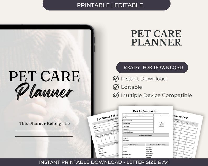 Pet Care Planner Printable, Dog Cat Health Tracker, Vet Appointment Log ...