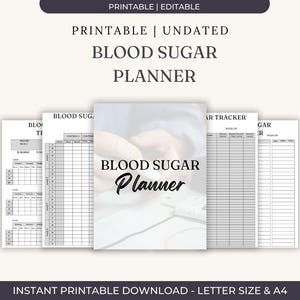 Può includere: Un pianificatore della glicemia stampabile e modificabile, non datato. Include pagine per il monitoraggio della glicemia, dei pasti e dei progressi settimanali. Il testo "BLOOD SUGAR PLANNER" è in evidenza sulla copertina.