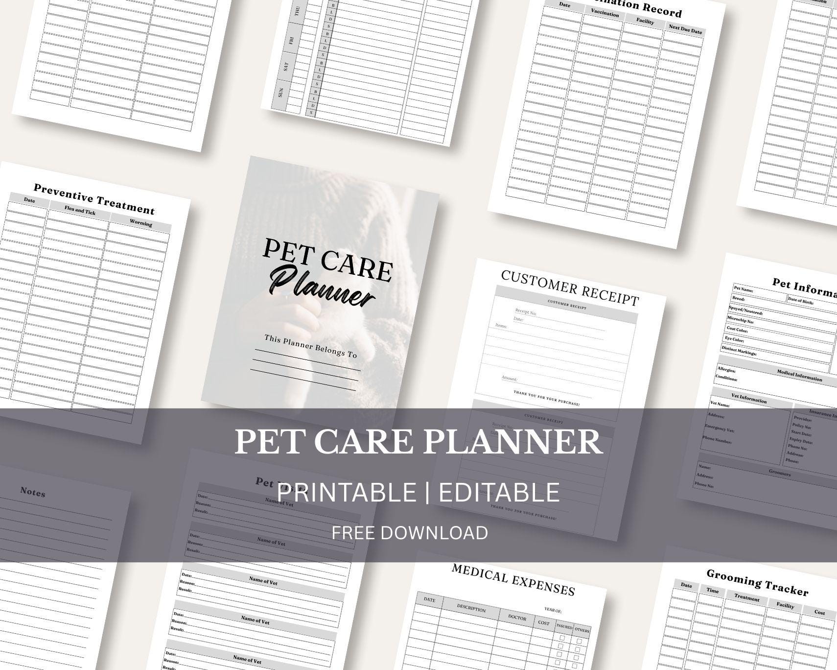 Pet Care Planner Printable, Dog Cat Health Tracker, Vet Appointment Log ...