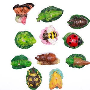 May include: A collection of eleven small insect and animal figurines including a butterfly, mantis, beetle, frog, bee on a flower, ladybug, caterpillar, brown beetle, grasshopper, spotted beetle, and moth, with the text @antiqueswithamanda.