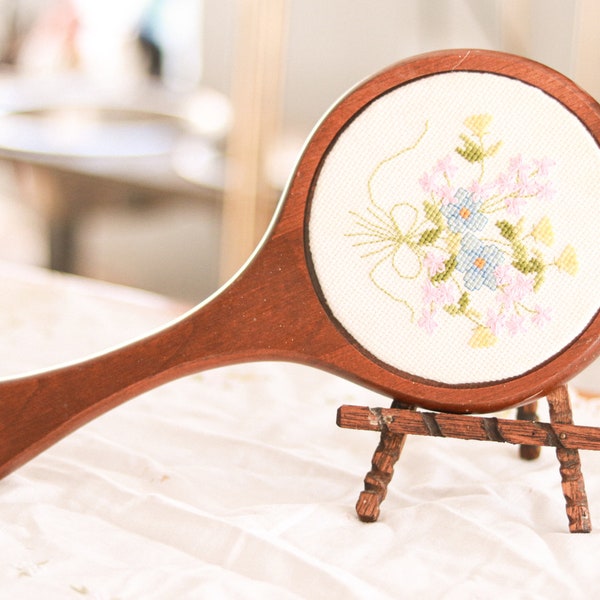 Vintage Floral Cross Stitched Handheld Mirror