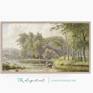 Könnte beinhalten: Ein Aquarell, das eine ruhige Landschaft mit einem Fluss zeigt, der durch einen üppigen Wald fließt. Zwei Figuren sind in einem Boot auf dem Fluss zu sehen, mit einer Holzbrücke im Hintergrund.