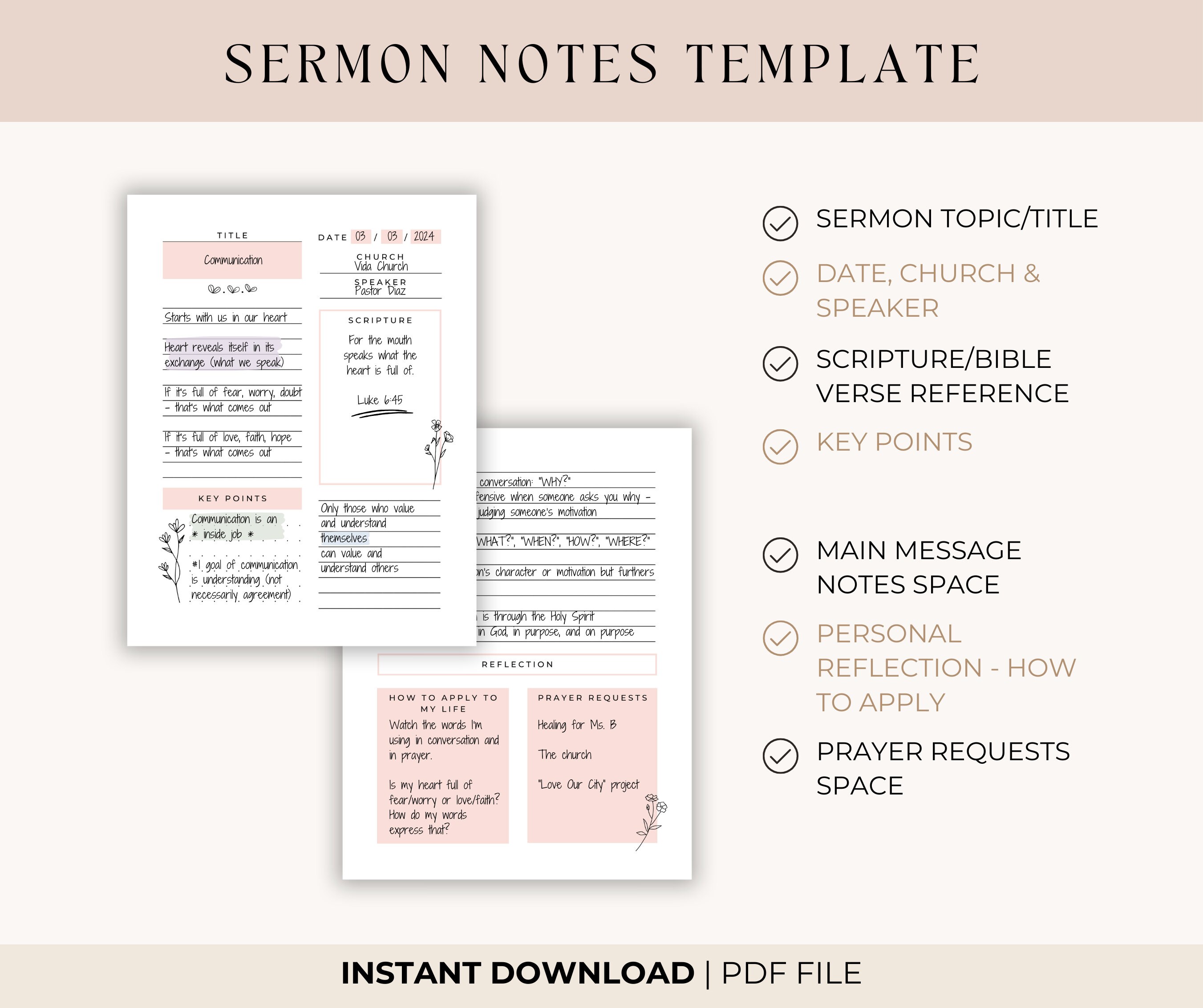 Sermon Notes Template Pastel Colors Church Notes Digital Printable PDF ...