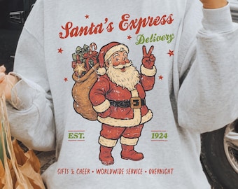 Sudadera de Papá Noel con repartidor exprés, suéter navideño retro, sudadera vintage de Papá Noel para las fiestas de invierno, cuello redondo festivo