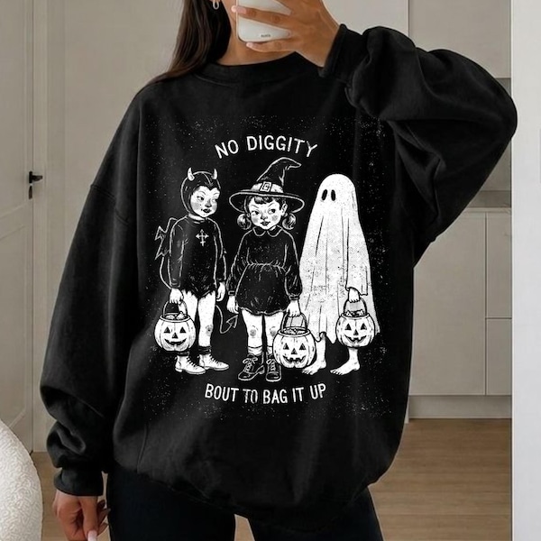 No Diggity Bout To Bag It Up Sweatshirt Vintage Halloween, Retro Halloween Sweater for Spooky Season, Ghost Halloween Sweatshirt for Women
