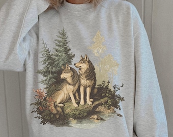 Sudadera de lobo de los 90, estética de chica granola, ropa de senderismo y camping, chica campestre retro de los 90, camisa de cabaña en el bosque, jersey rústico de lobos