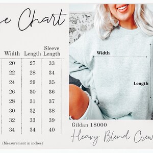 Peut inclure: Un sweat-shirt gris clair avec un tableau des tailles et le texte "Size Chart". Le tableau indique les tailles S &agrave; 5XL, avec des mesures en pouces pour la largeur, la longueur et la longueur des manches. Le sweat-shirt est un Heavy Blend Crewneck, Gildan 18000.