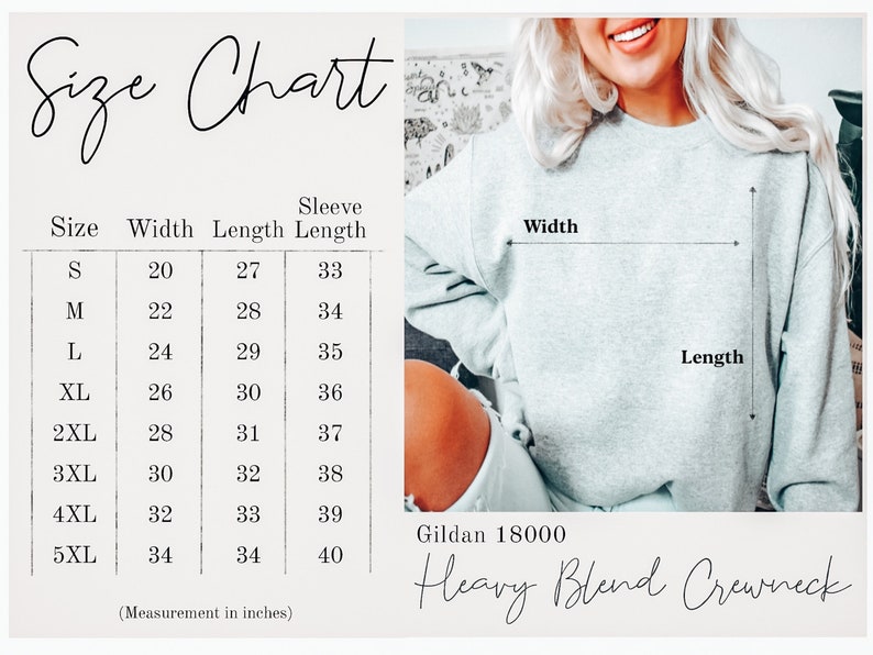 Peut inclure: Un sweat-shirt gris clair avec un tableau des tailles et le texte "Size Chart". Le tableau indique les tailles S &agrave; 5XL, avec des mesures en pouces pour la largeur, la longueur et la longueur des manches. Le sweat-shirt est un Heavy Blend Crewneck, Gildan 18000.